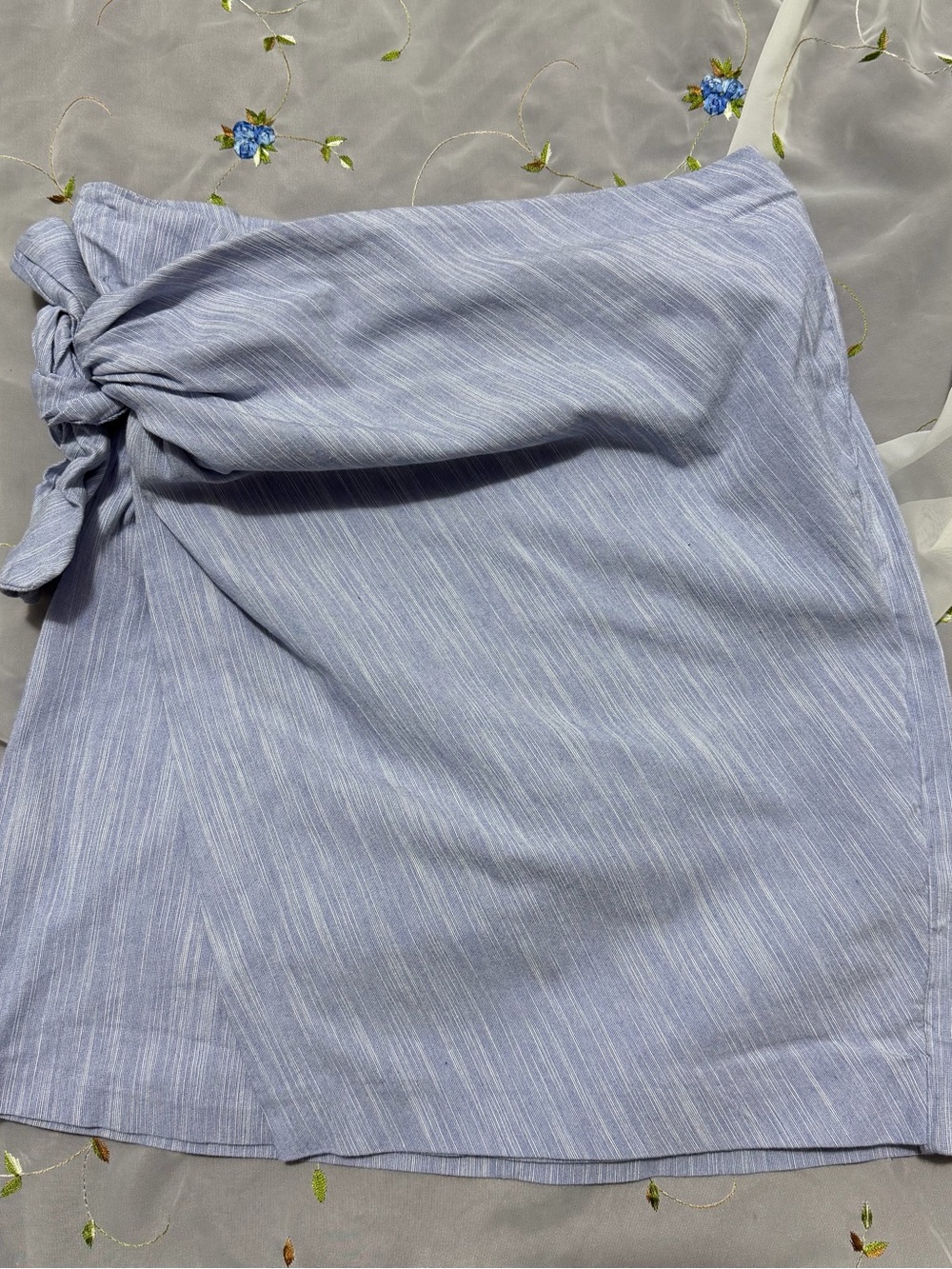 Maeve Light Blue & White Skirt with Side Tie-linen cotton blend
